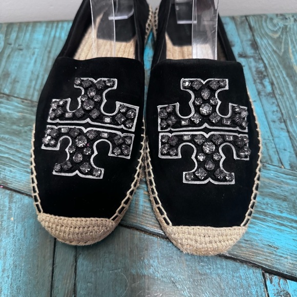 Tory Burch Embellished Espadrille Suede Jewel Perfect Black/Diamond Size 10.5 - Picture 3 of 16